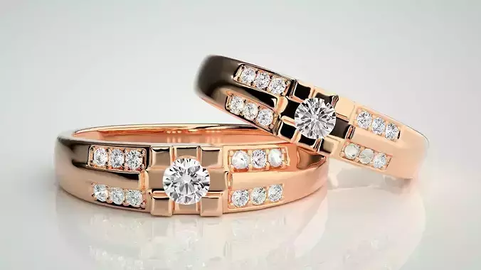 Solitaire Couple Band Ring 3dm stl render detail 