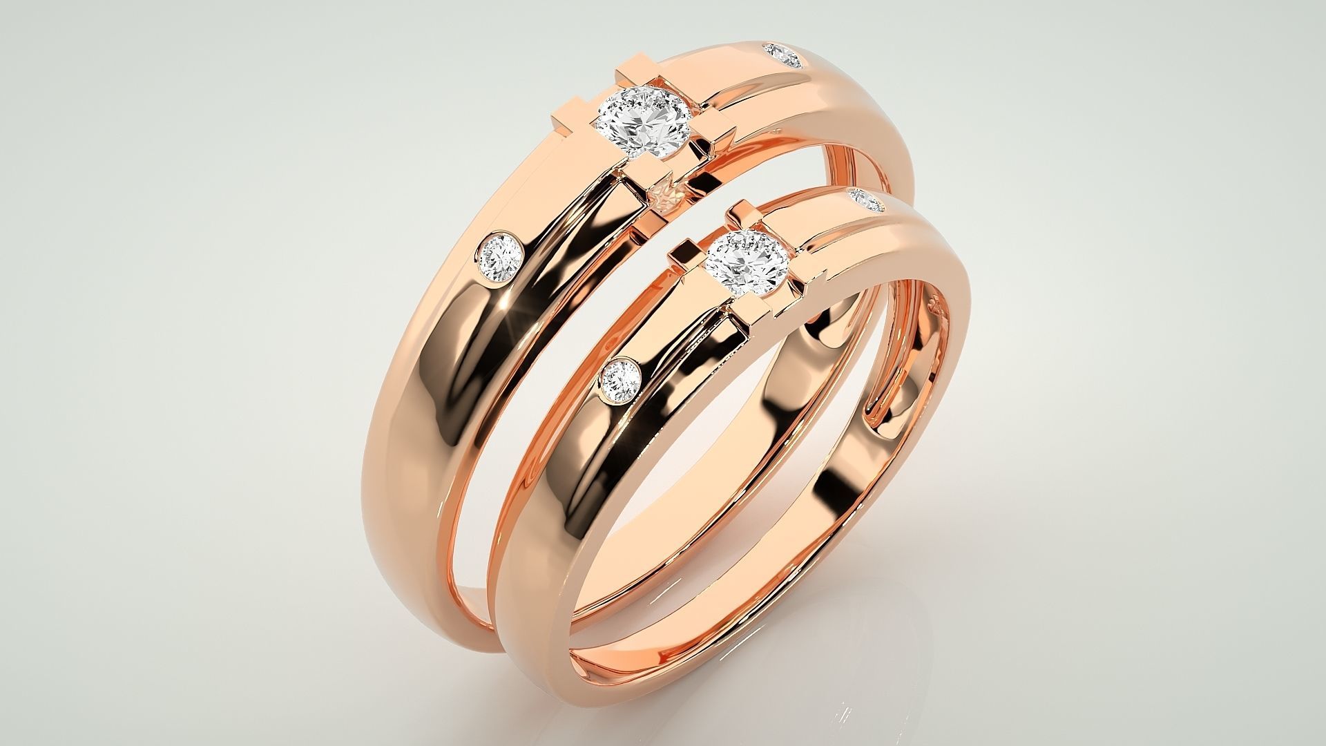 Solitaire Tri-Diamond Couple Band Ring 3dm stl render detail 3D print model_3