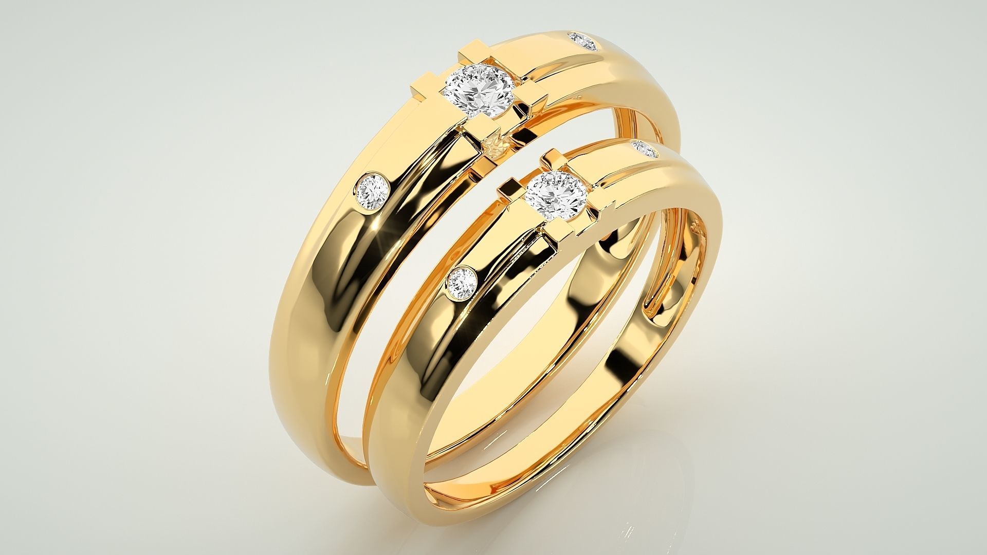 Solitaire Tri-Diamond Couple Band Ring 3dm stl render detail 3D print model_12