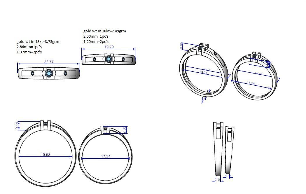 Solitaire Tri-Diamond Couple Band Ring 3dm stl render detail 3D print model_4