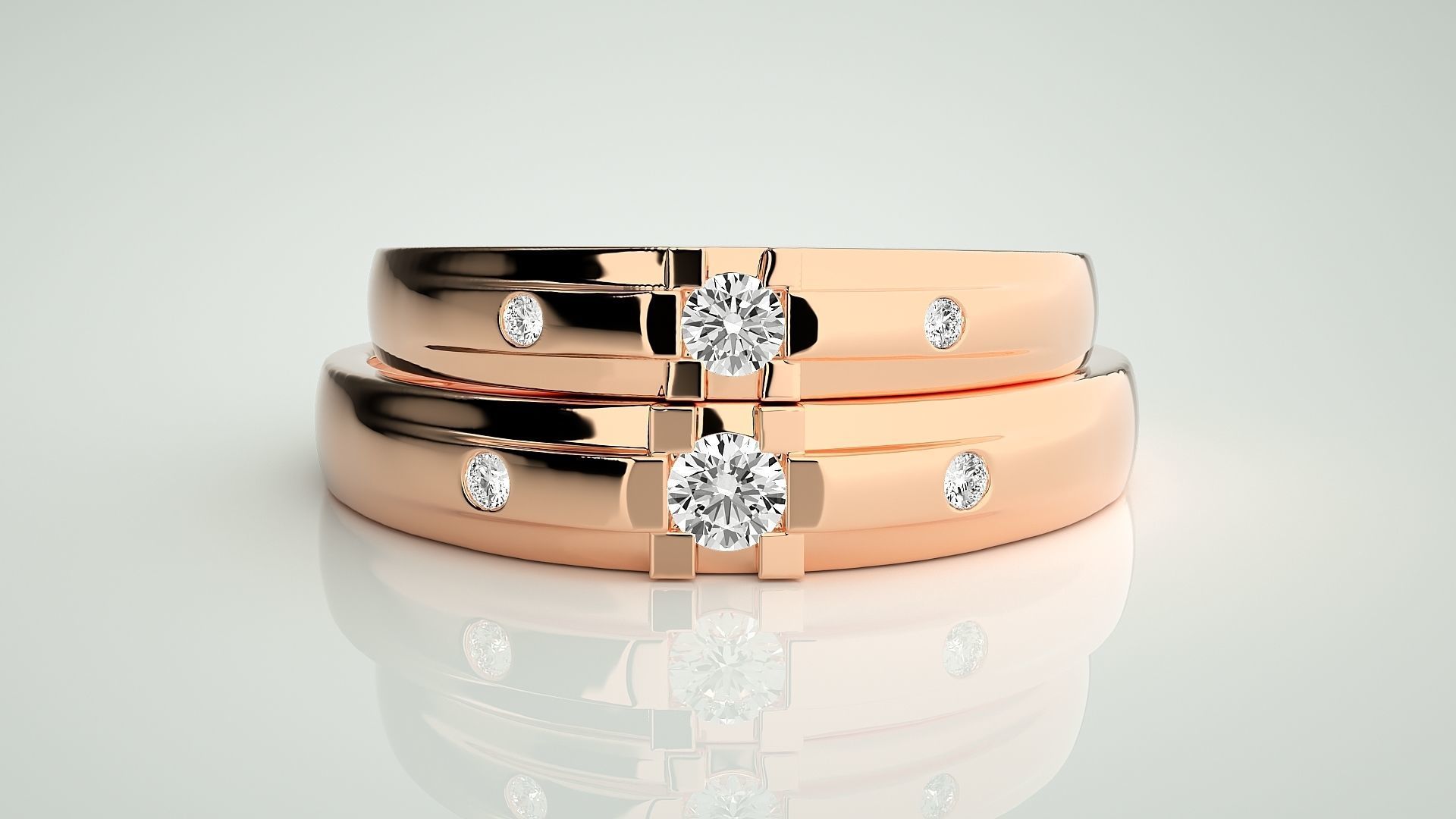 Solitaire Tri-Diamond Couple Band Ring 3dm stl render detail 3D print model_2