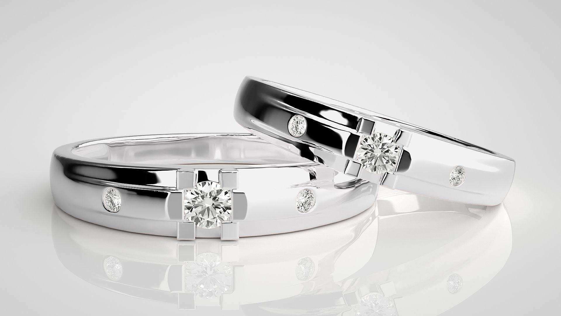 Solitaire Tri-Diamond Couple Band Ring 3dm stl render detail 3D print model_5