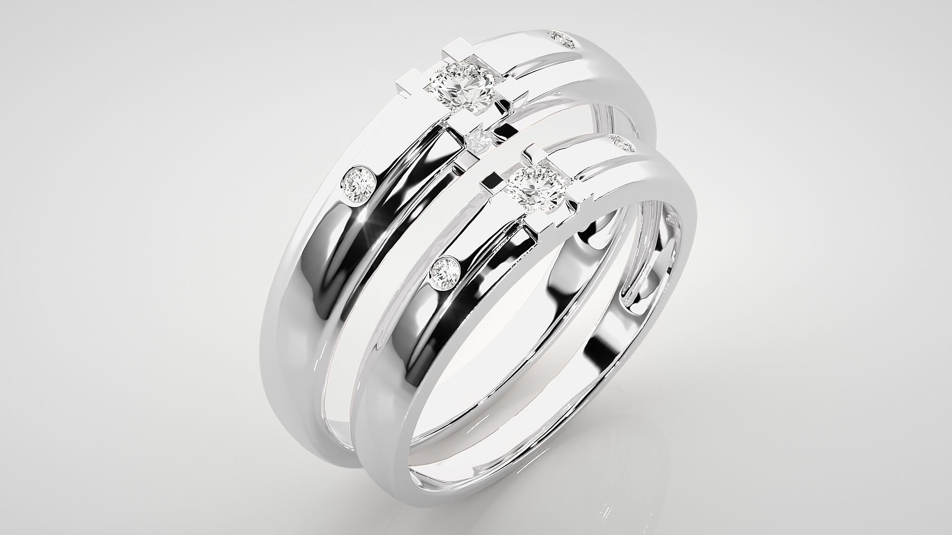 Solitaire Tri-Diamond Couple Band Ring 3dm stl render detail 3D print model_8