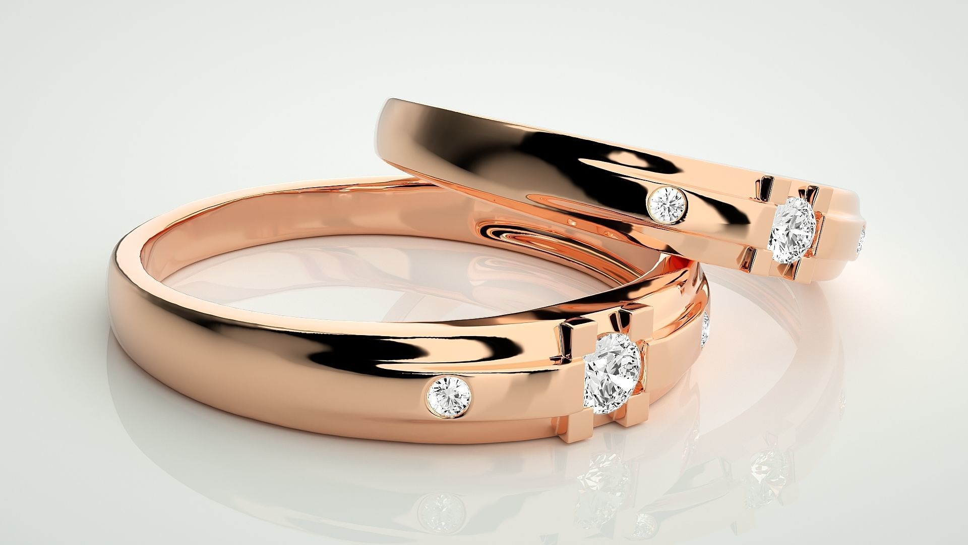 Solitaire Tri-Diamond Couple Band Ring 3dm stl render detail 3D print model_1