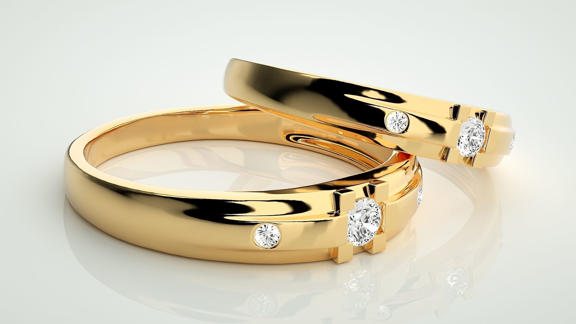 Solitaire Tri-Diamond Couple Band Ring 3dm stl render detail 3D print model_10