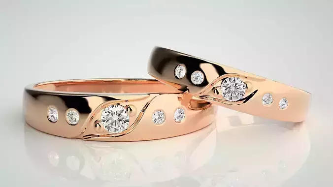 Solitaire Couple Band Ring 3dm stl render detail 