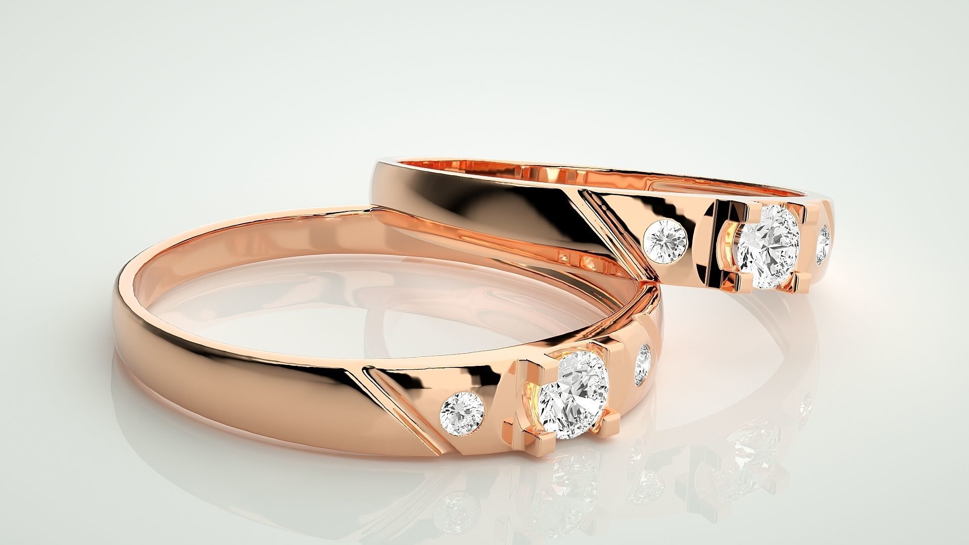 Solitaire Tri-Diamond Couple Band Ring 3dm stl render detail  3D print model_1