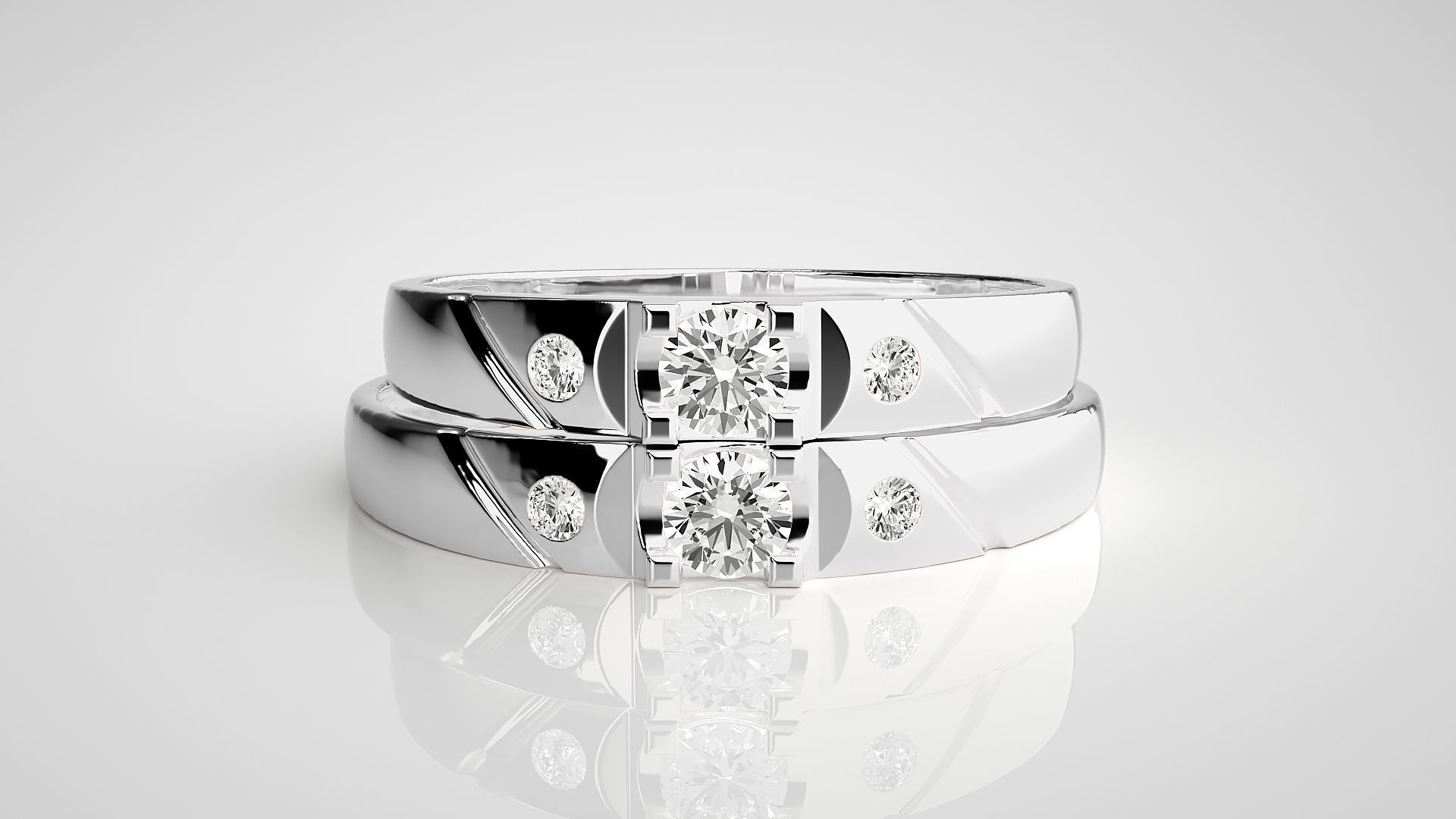 Solitaire Tri-Diamond Couple Band Ring 3dm stl render detail  3D print model_7