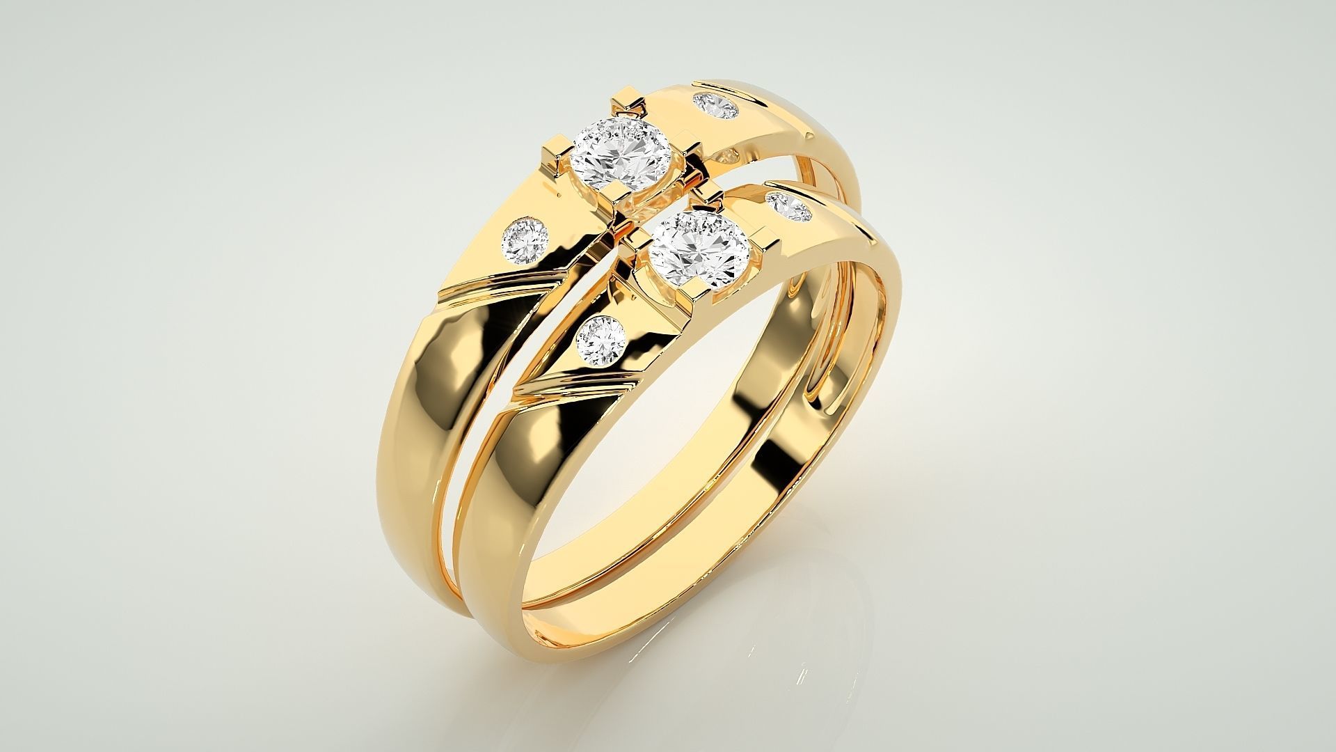 Solitaire Tri-Diamond Couple Band Ring 3dm stl render detail  3D print model_12