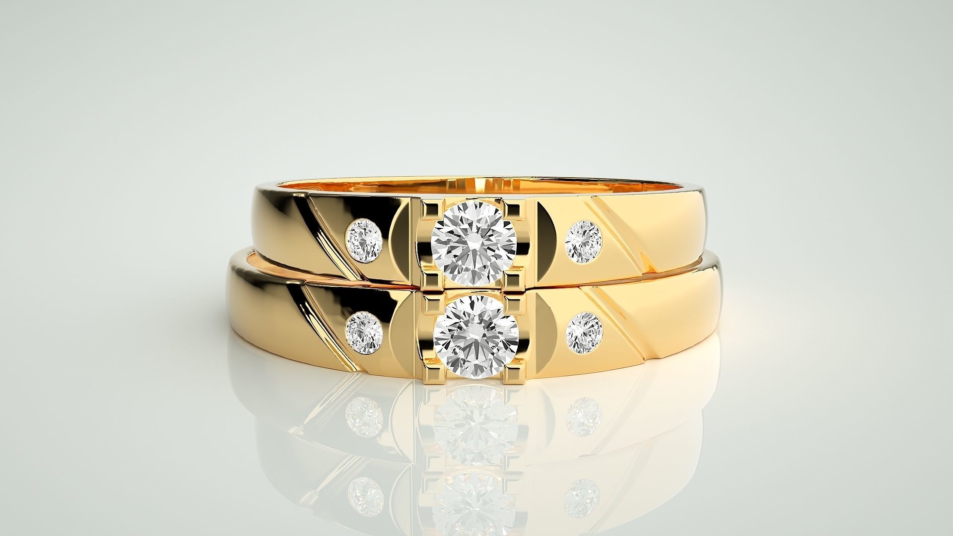 Solitaire Tri-Diamond Couple Band Ring 3dm stl render detail  3D print model_11