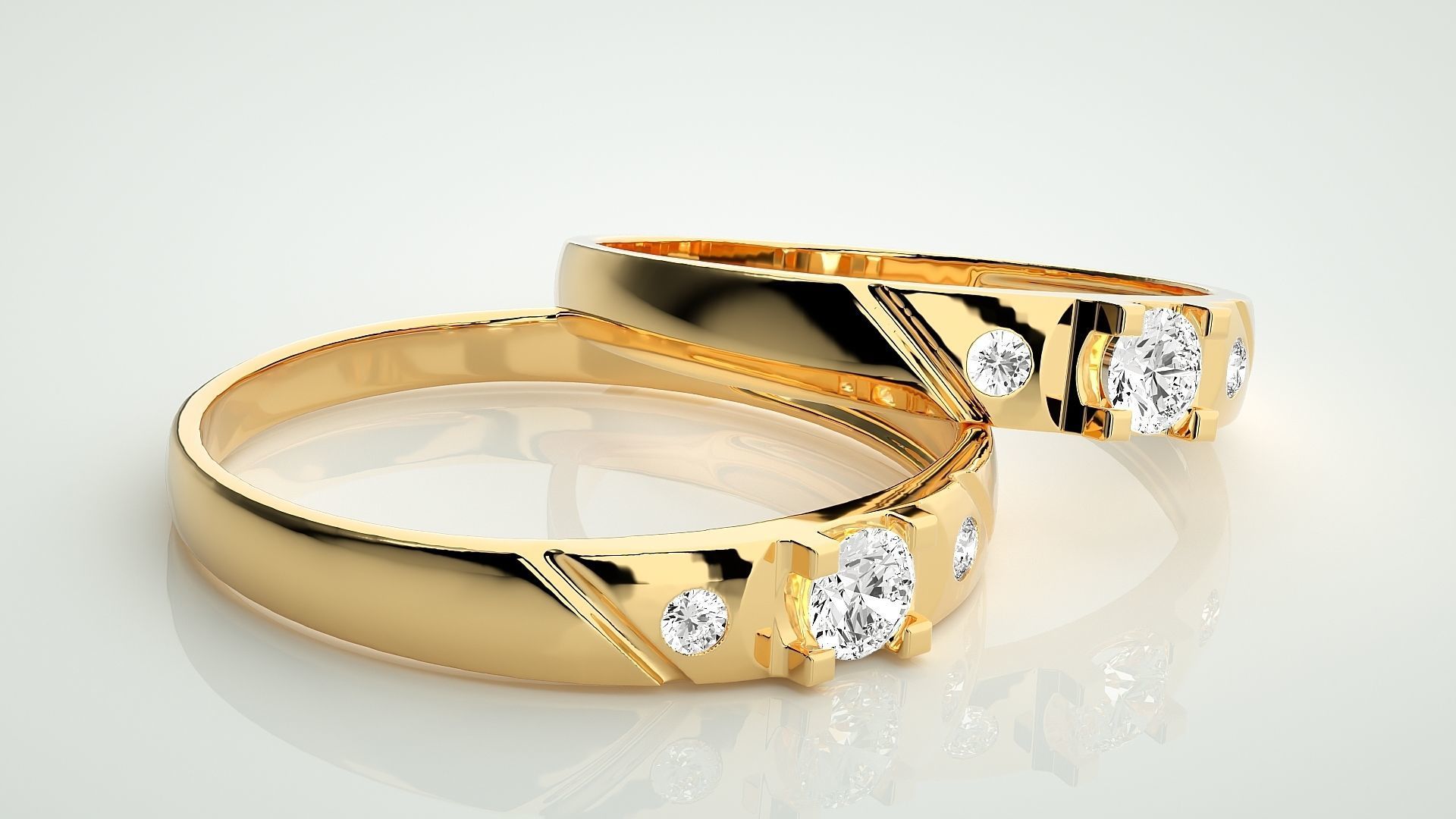 Solitaire Tri-Diamond Couple Band Ring 3dm stl render detail  3D print model_10