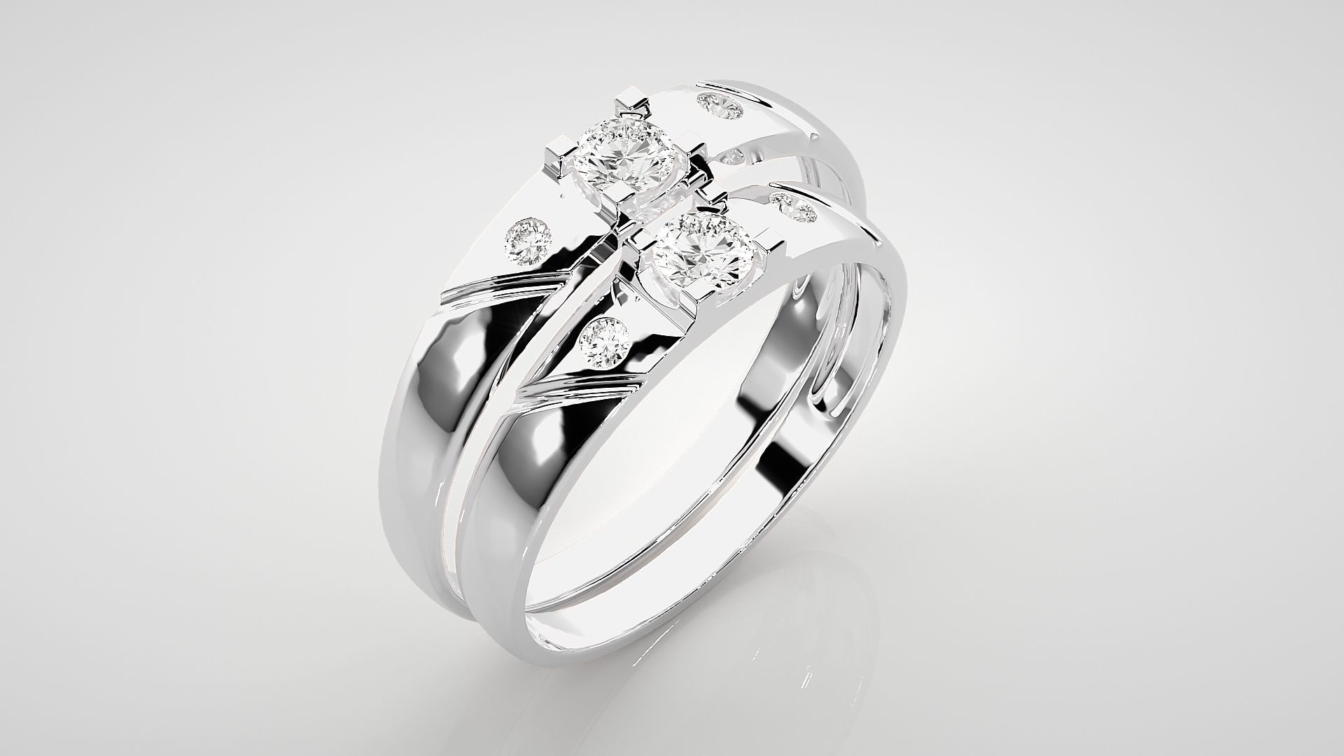 Solitaire Tri-Diamond Couple Band Ring 3dm stl render detail  3D print model_8