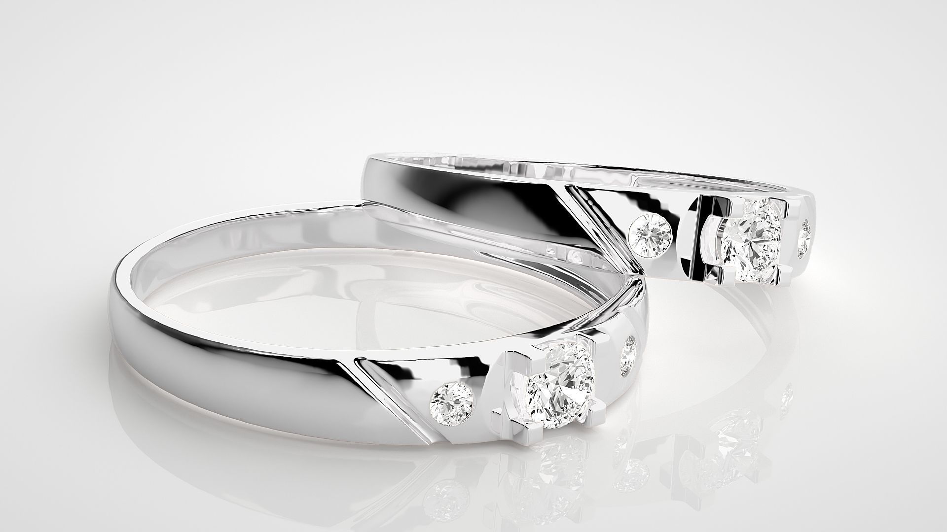 Solitaire Tri-Diamond Couple Band Ring 3dm stl render detail  3D print model_6