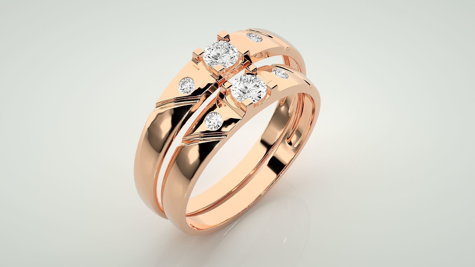 Solitaire Tri-Diamond Couple Band Ring 3dm stl render detail  3D print model_4
