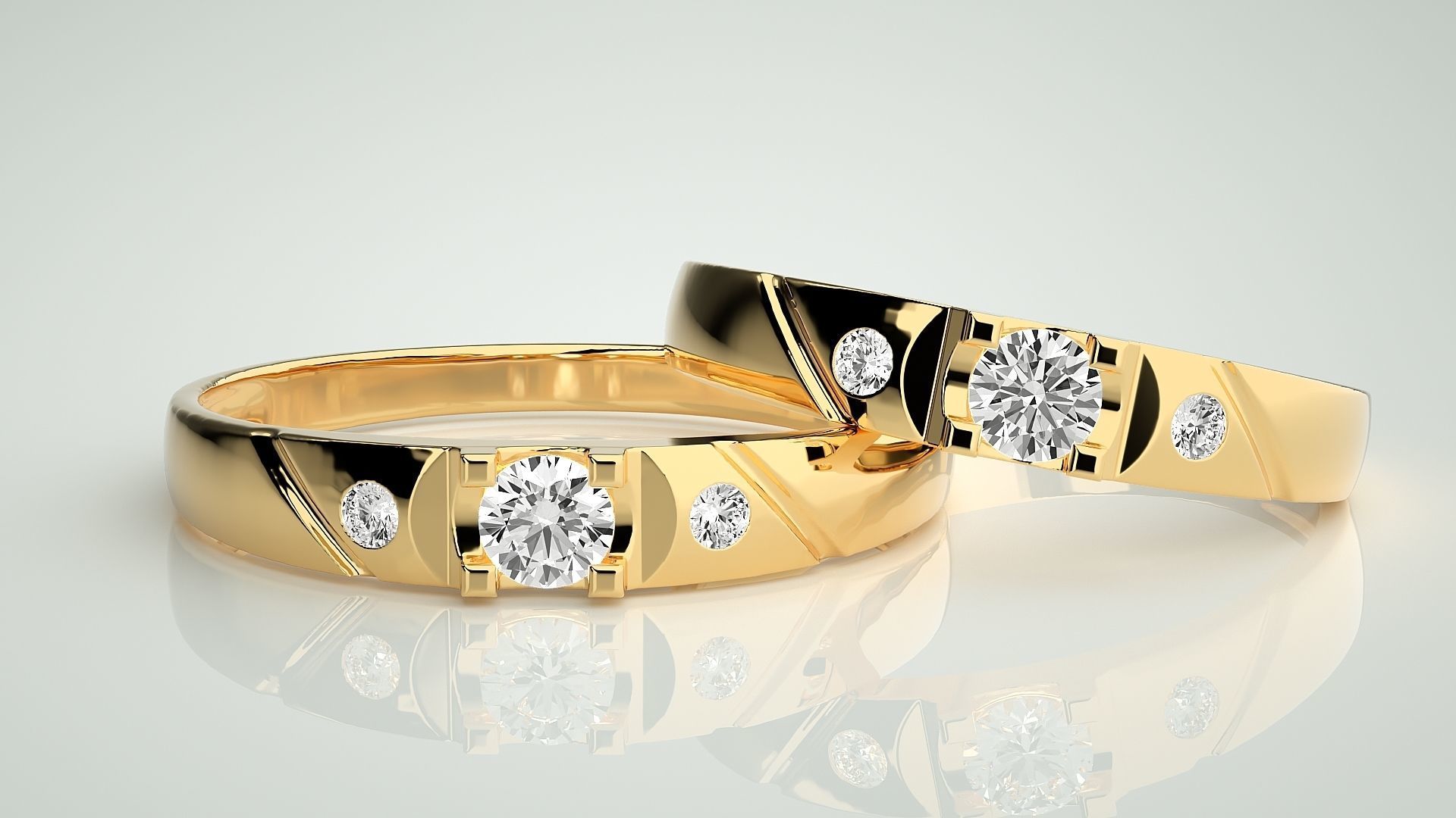 Solitaire Tri-Diamond Couple Band Ring 3dm stl render detail  3D print model_9