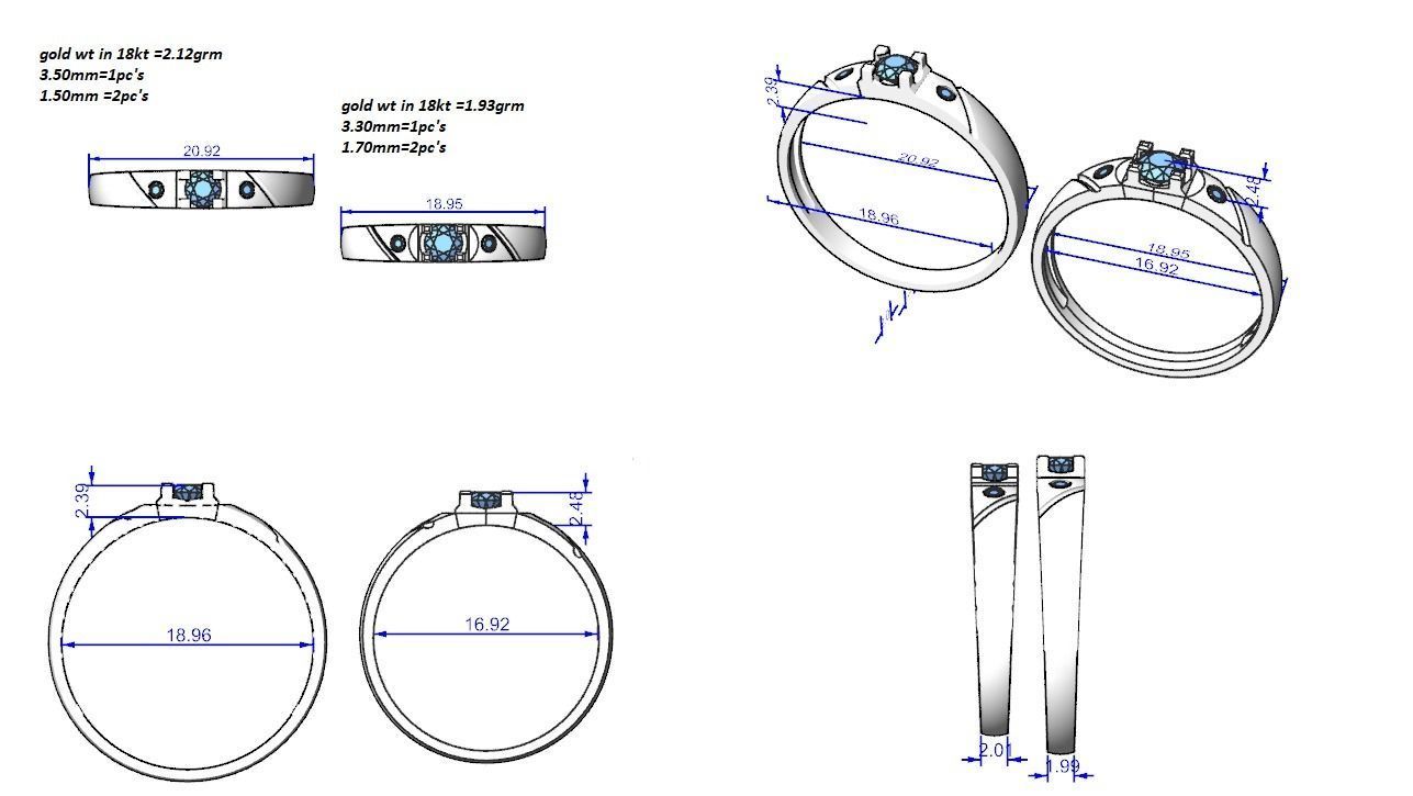 Solitaire Tri-Diamond Couple Band Ring 3dm stl render detail  3D print model_3