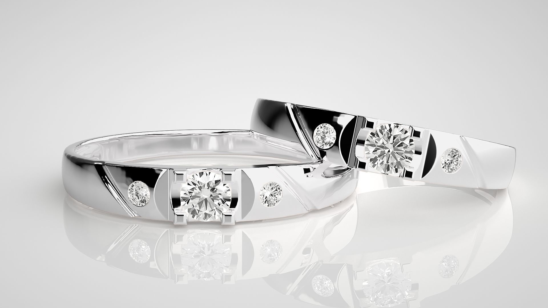 Solitaire Tri-Diamond Couple Band Ring 3dm stl render detail  3D print model_5