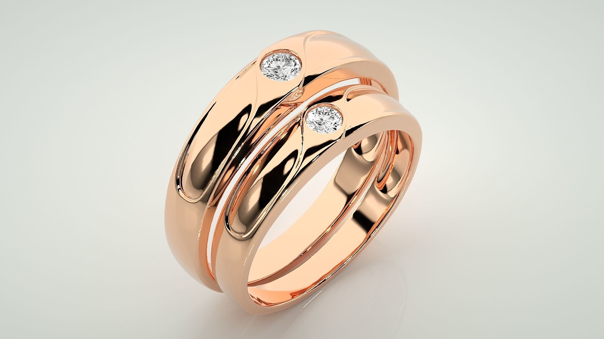 Solitaire Wave Couple Band Ring 3dm stl render detail 3D print model_4