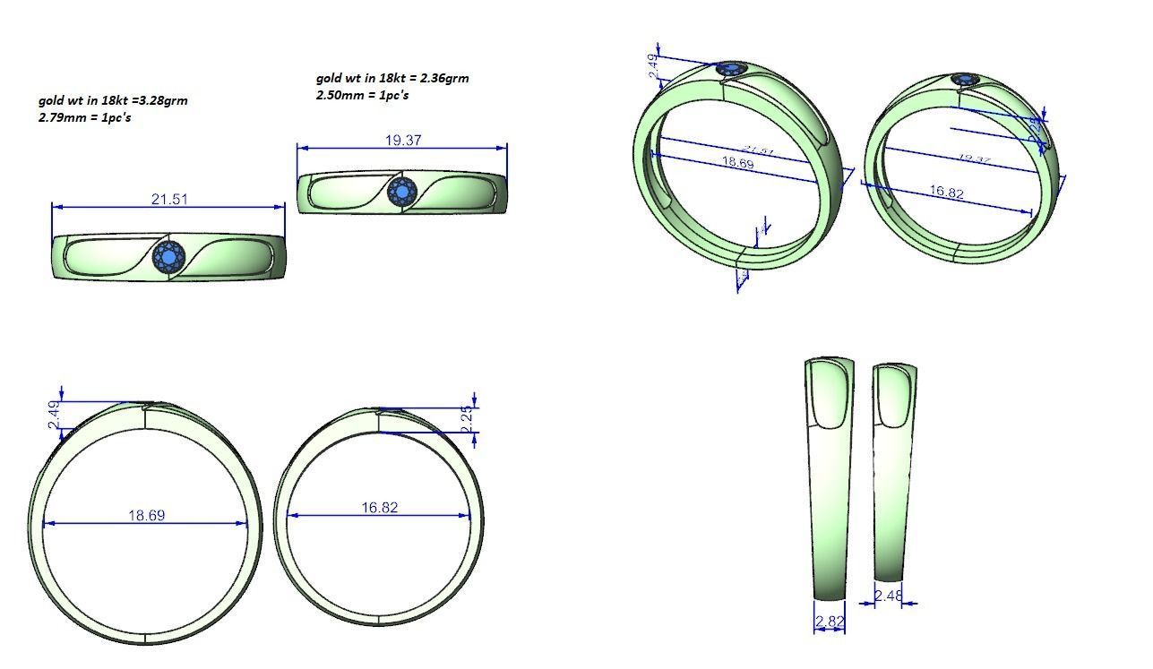 Solitaire Wave Couple Band Ring 3dm stl render detail 3D print model_3