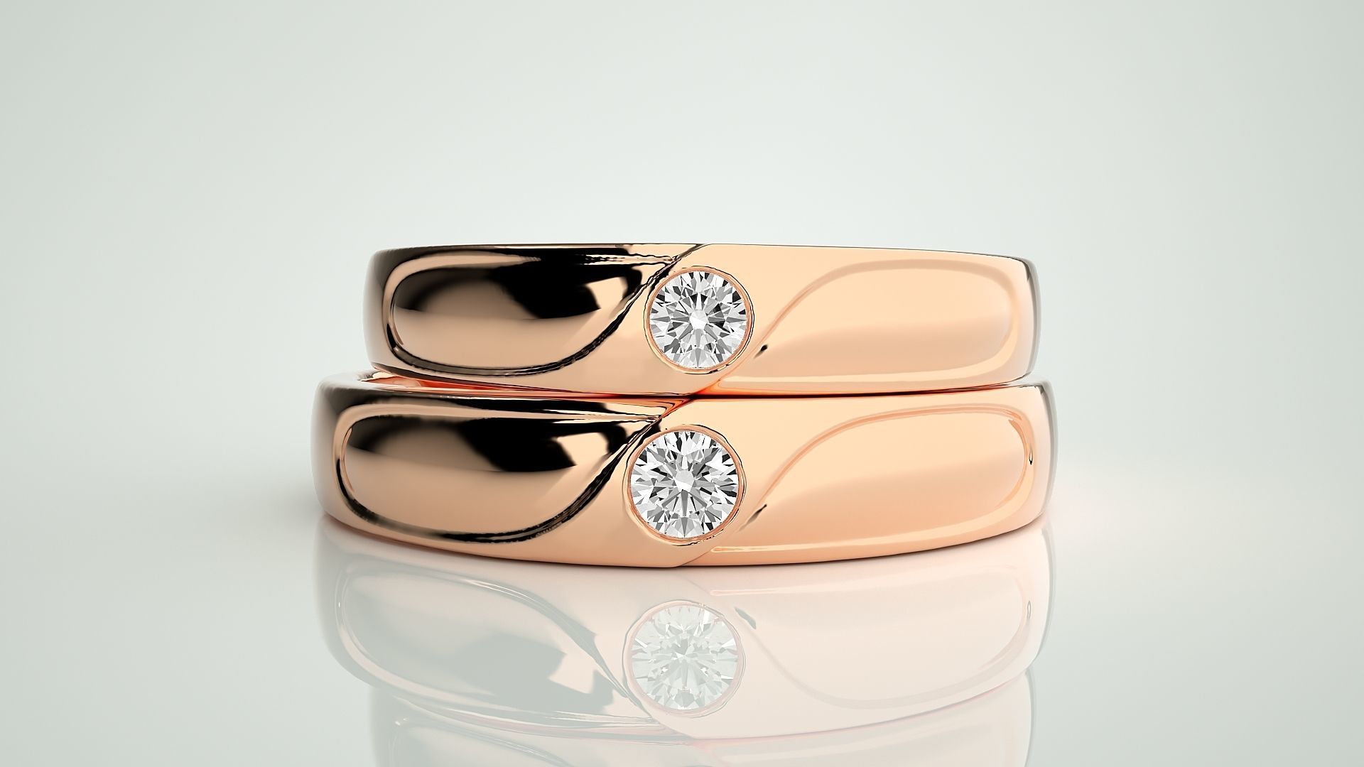 Solitaire Wave Couple Band Ring 3dm stl render detail 3D print model_2