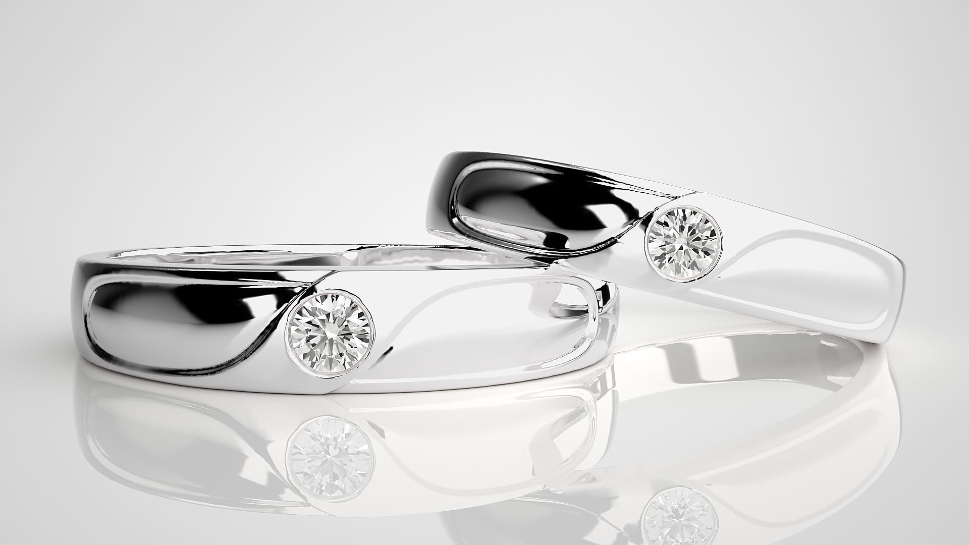 Solitaire Wave Couple Band Ring 3dm stl render detail 3D print model_5