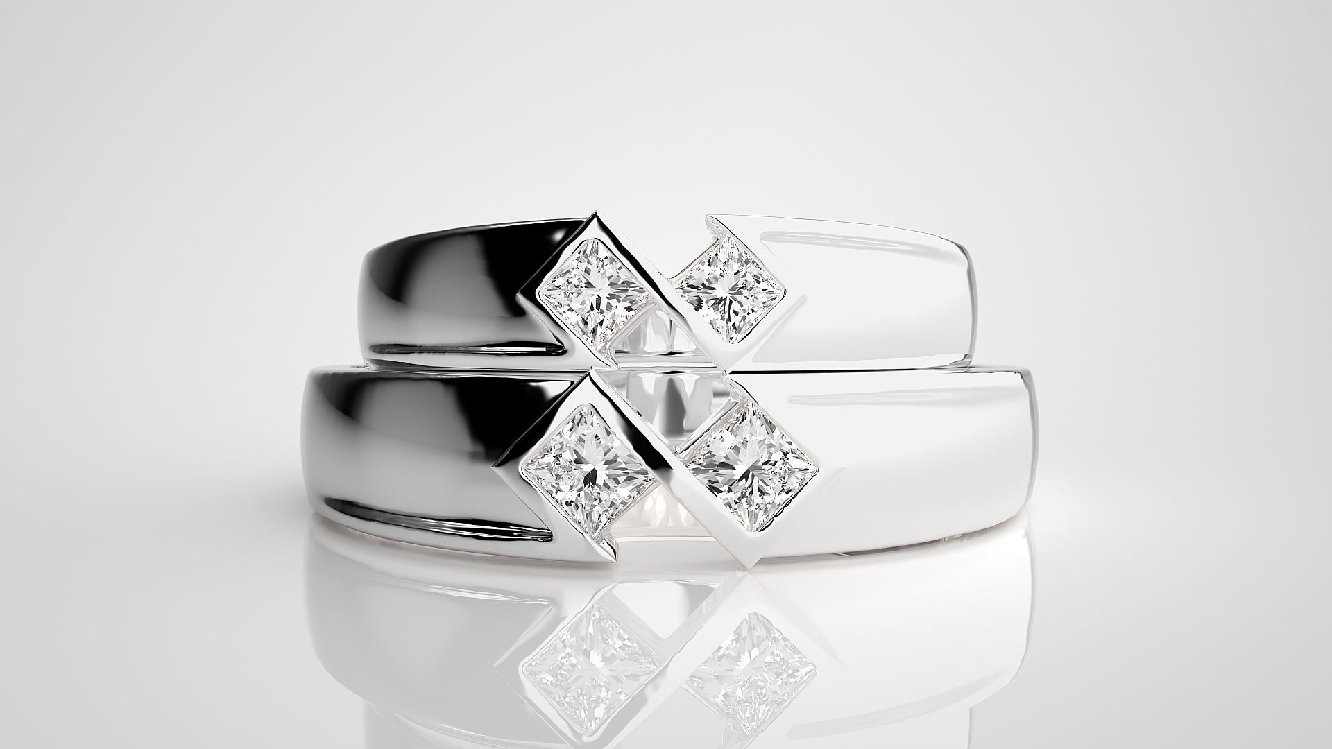 Italian Solitaire Princess Couple Band Ring 3dm stl render  3D print model_7