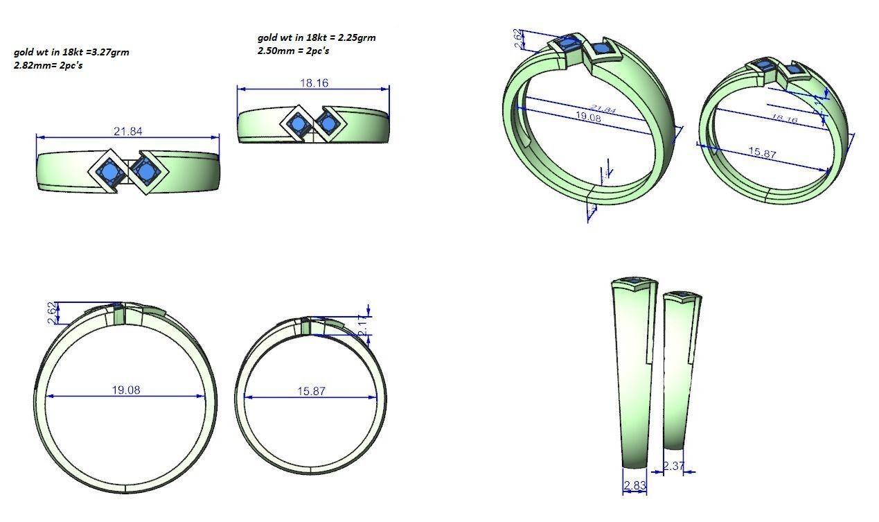 Italian Solitaire Princess Couple Band Ring 3dm stl render  3D print model_3