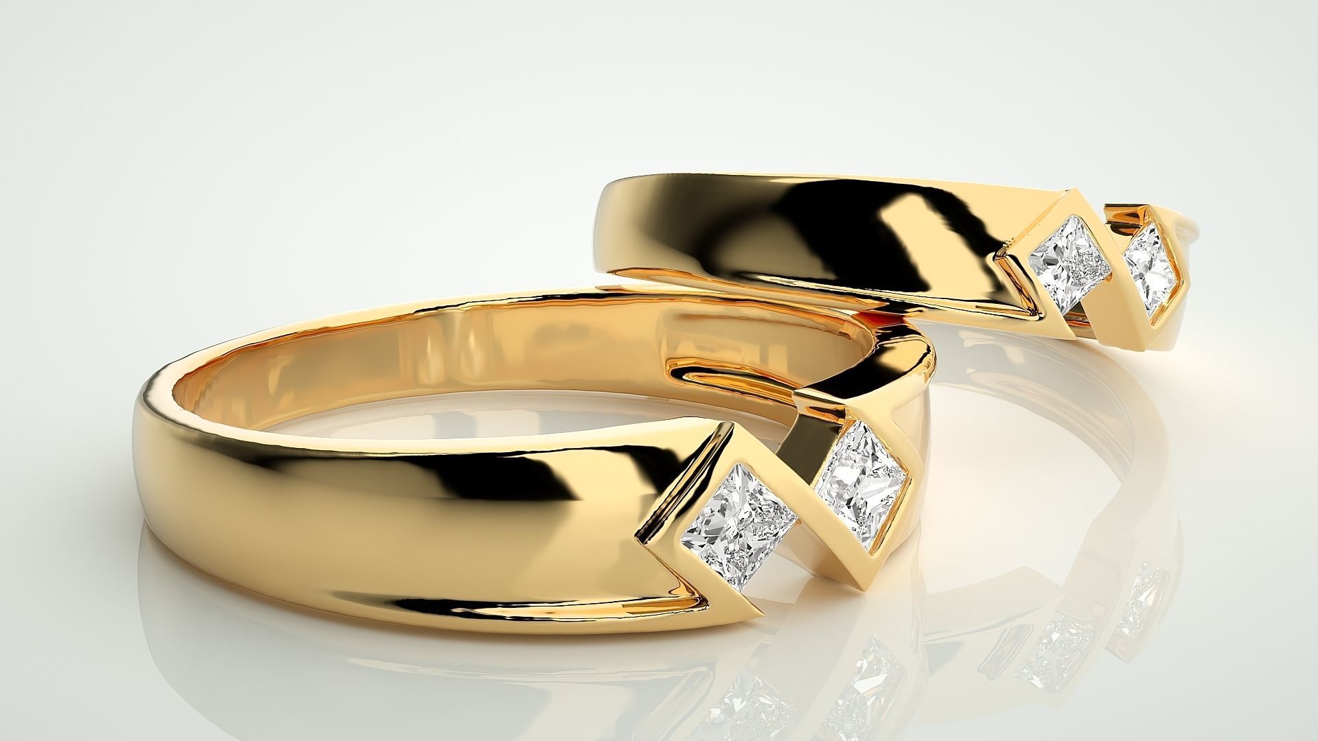Italian Solitaire Princess Couple Band Ring 3dm stl render  3D print model_10