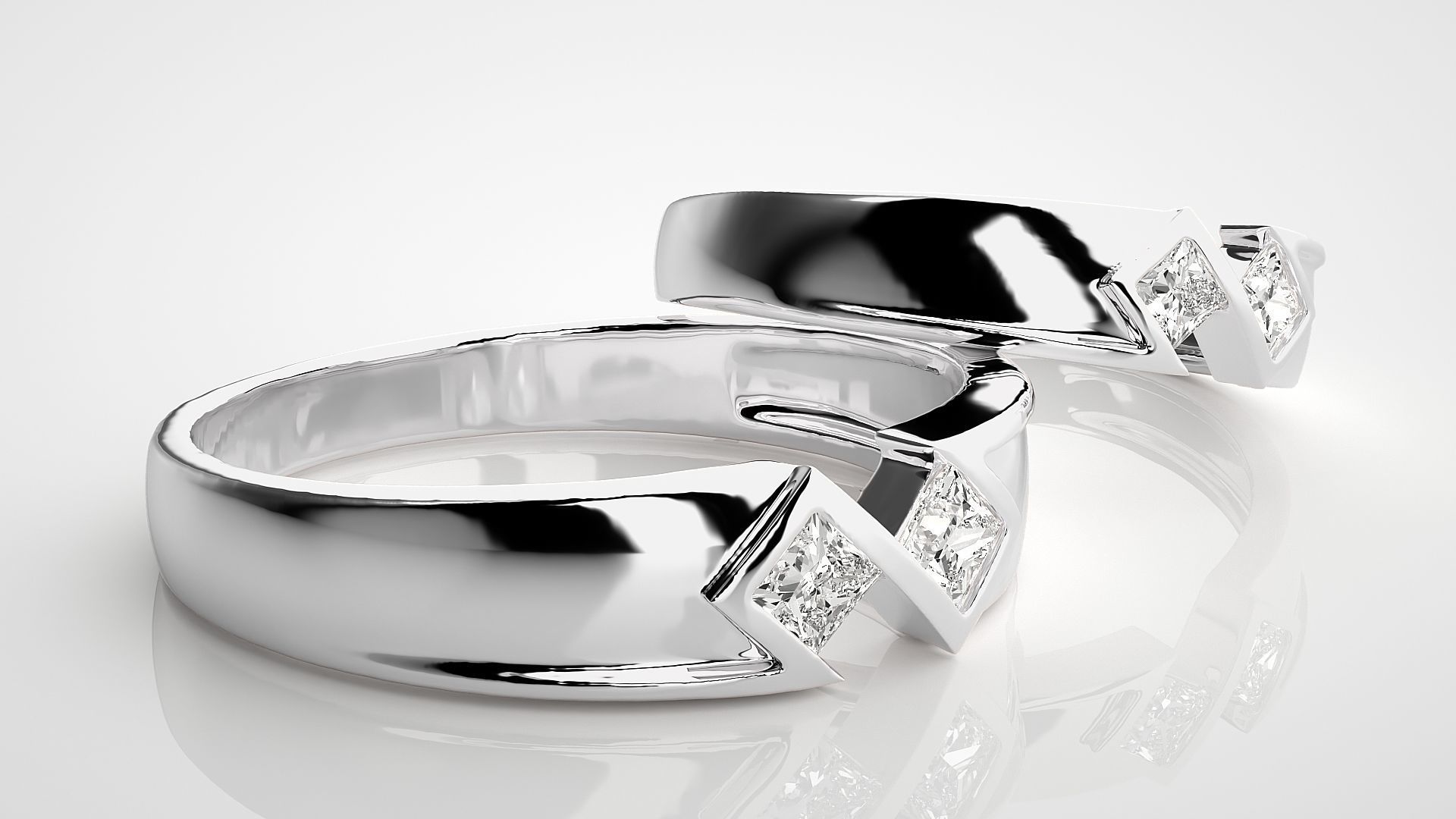 Italian Solitaire Princess Couple Band Ring 3dm stl render  3D print model_6