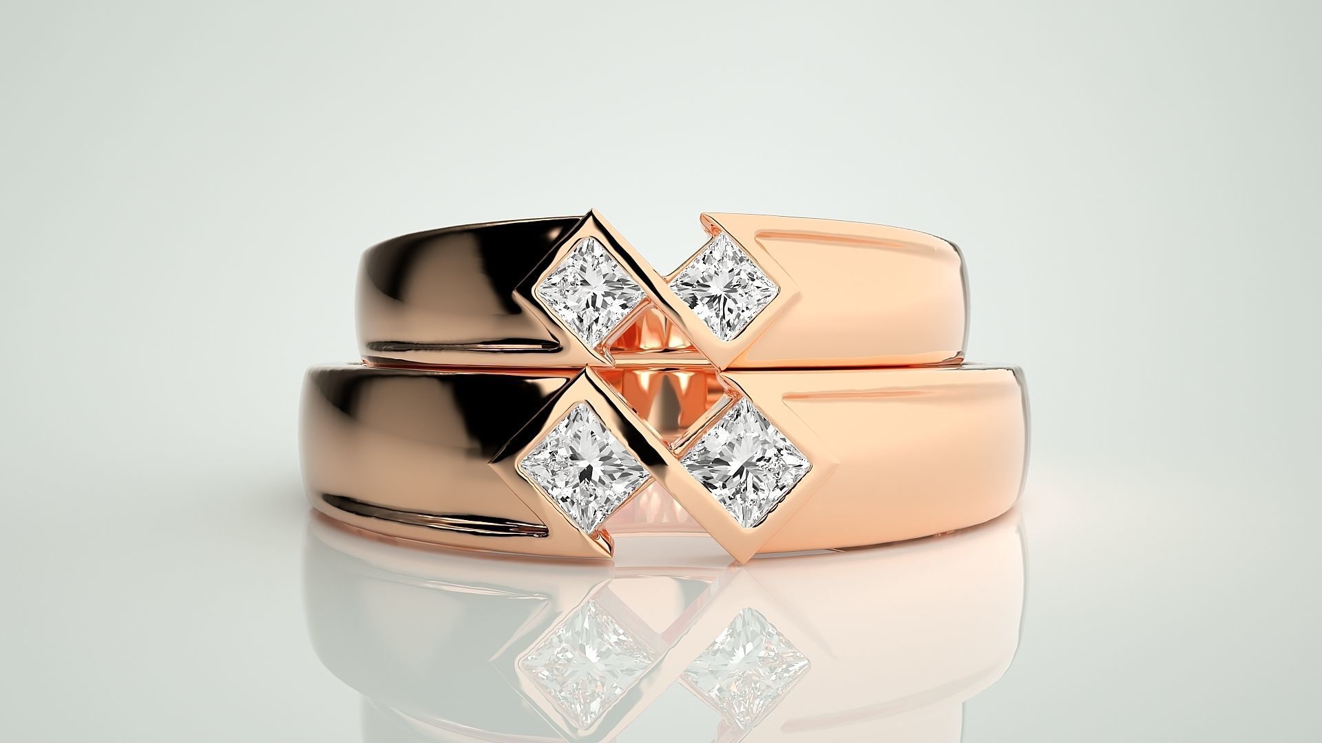 Italian Solitaire Princess Couple Band Ring 3dm stl render  3D print model_2