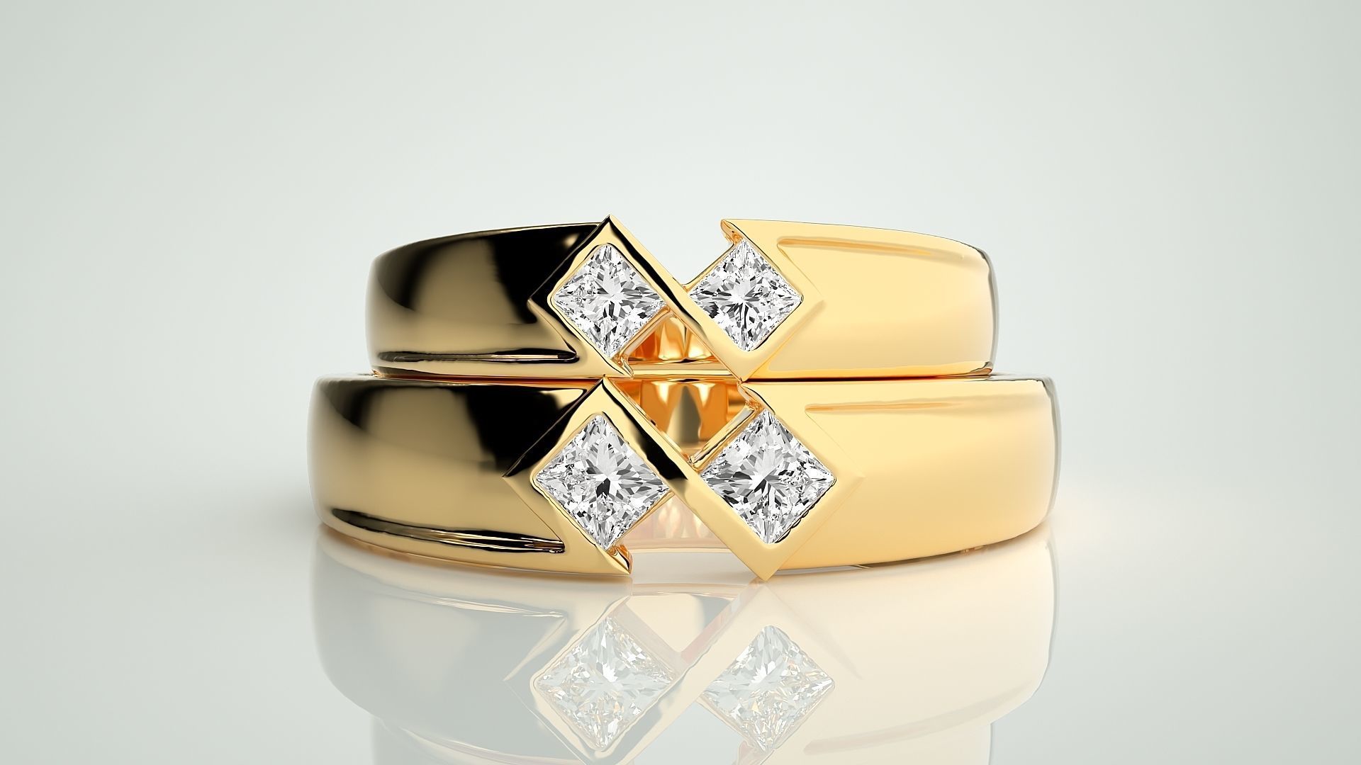Italian Solitaire Princess Couple Band Ring 3dm stl render  3D print model_11