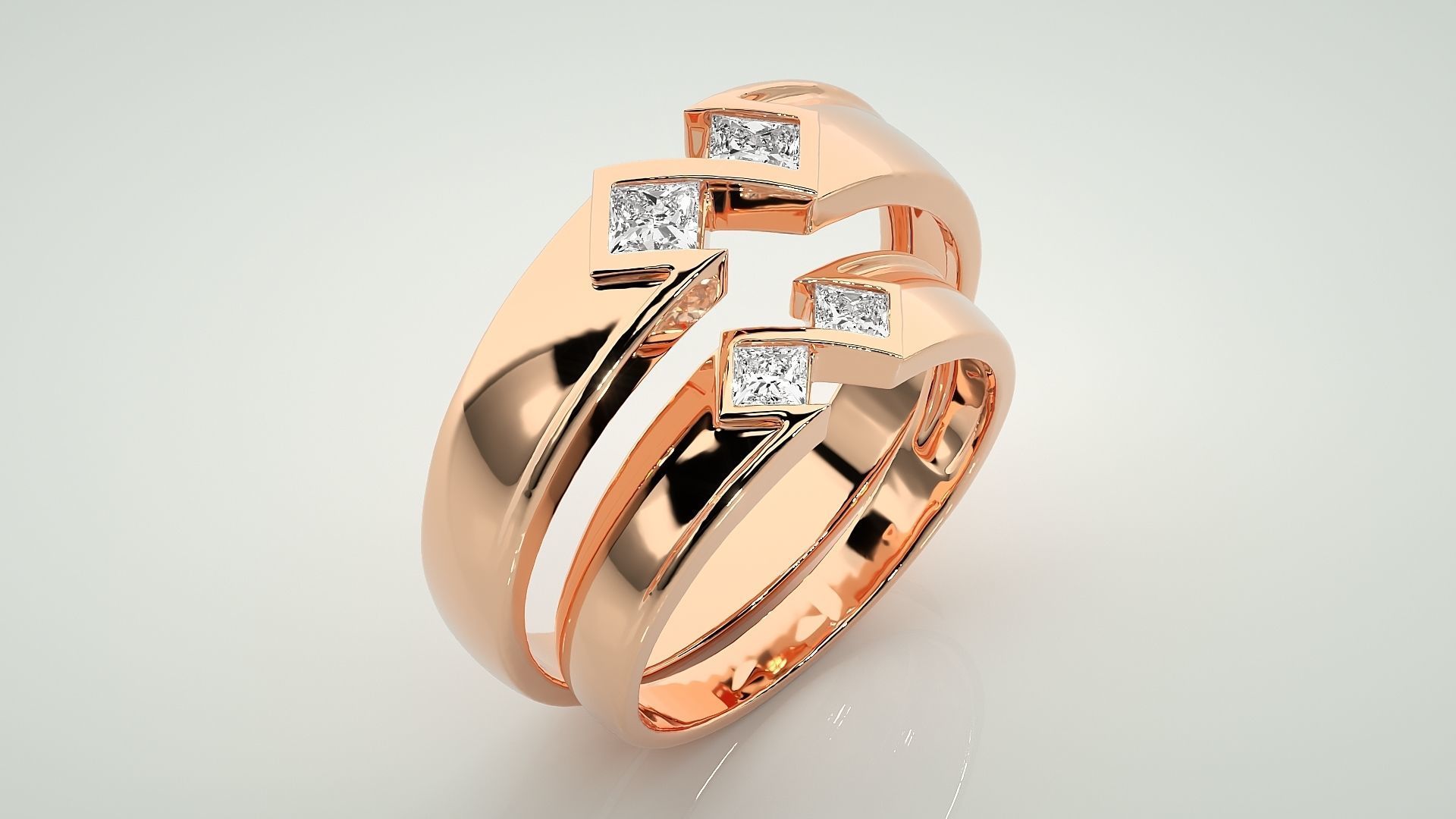 Italian Solitaire Princess Couple Band Ring 3dm stl render  3D print model_4