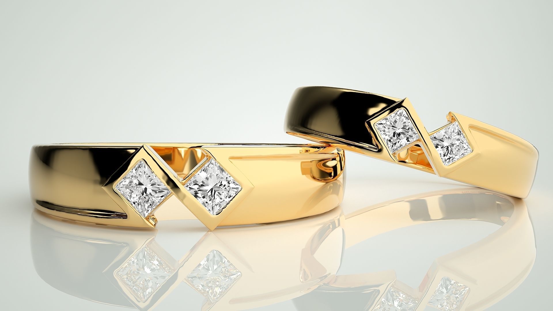 Italian Solitaire Princess Couple Band Ring 3dm stl render  3D print model_9