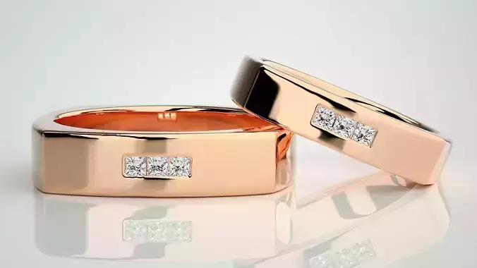 Square Tri-Diamond Couple Band Ring 3dm stl render detail 