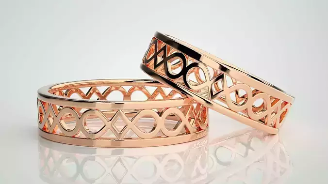 Plain Gold Mesh Wave Couple Band Ring 3dm stl render detail 