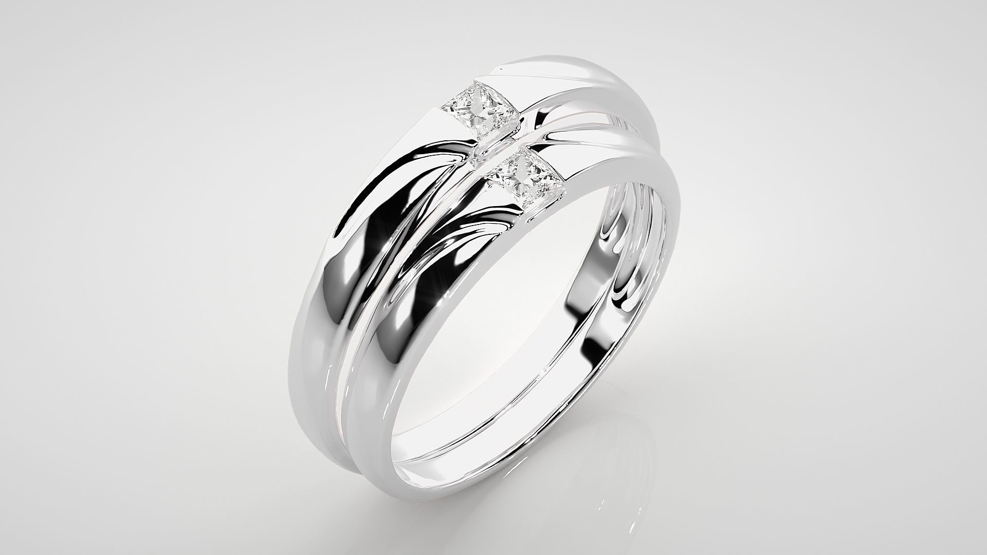 Solitaire Princess Couple Band Ring 3dm stl render detail 3D print model_8