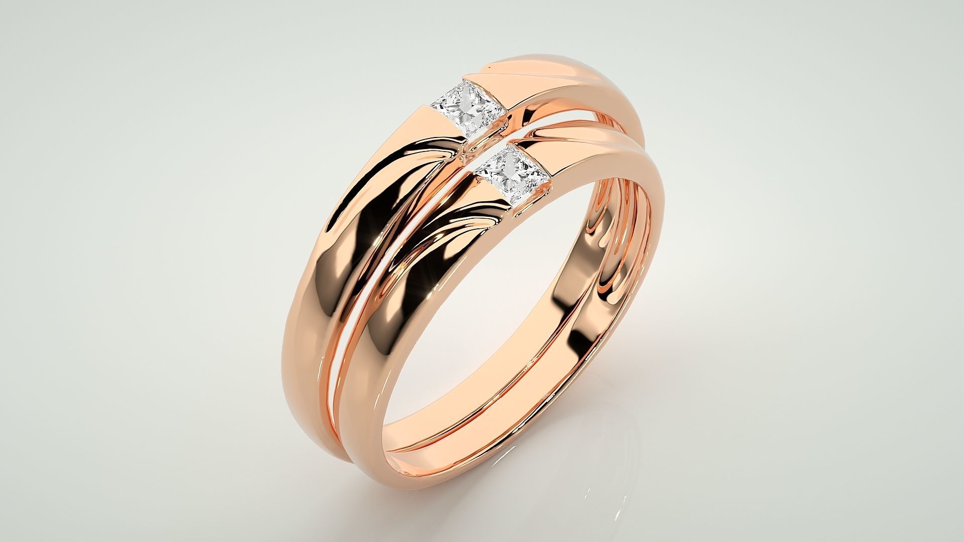 Solitaire Princess Couple Band Ring 3dm stl render detail 3D print model_4