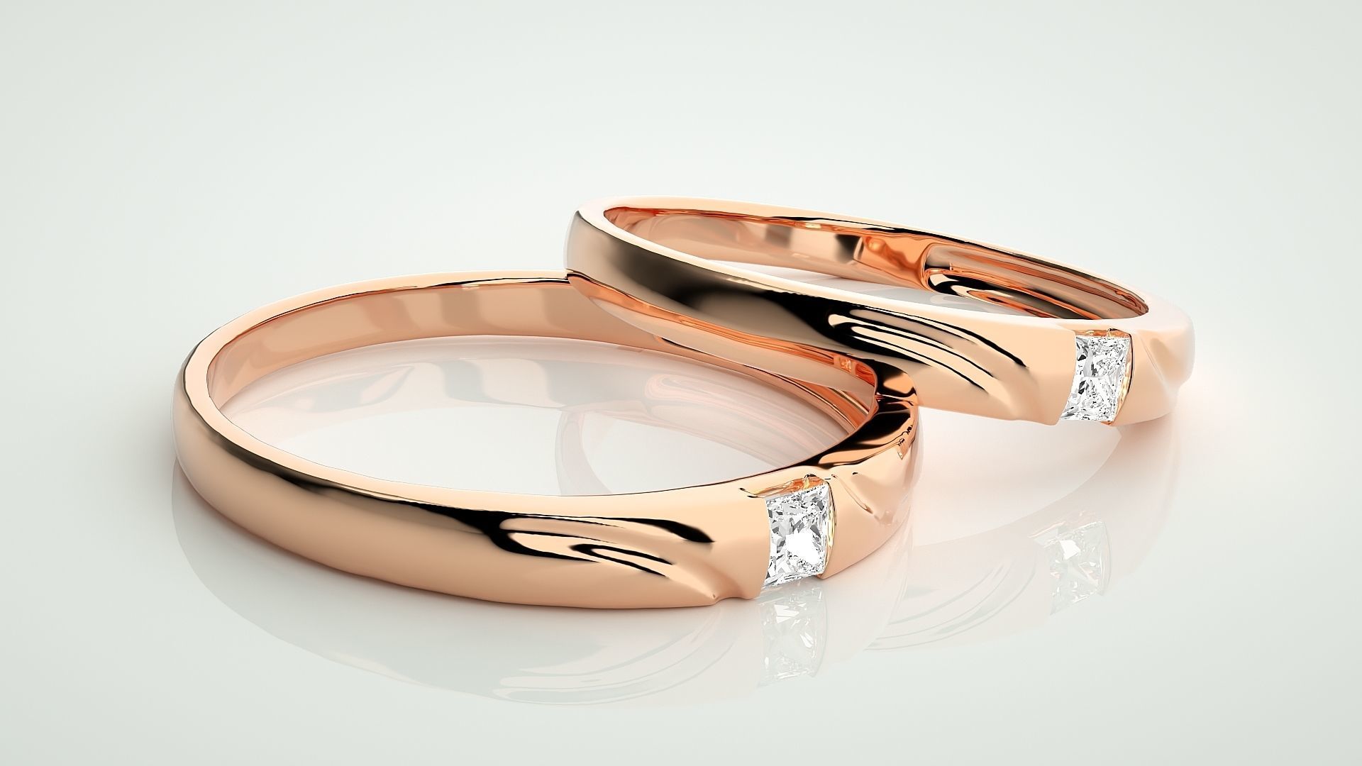 Solitaire Princess Couple Band Ring 3dm stl render detail 3D print model_1