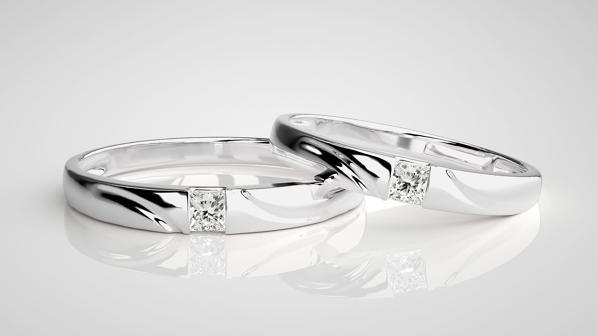 Solitaire Princess Couple Band Ring 3dm stl render detail 3D print model_5
