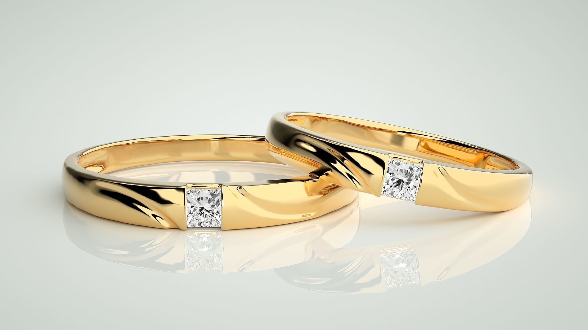 Solitaire Princess Couple Band Ring 3dm stl render detail 3D print model_9