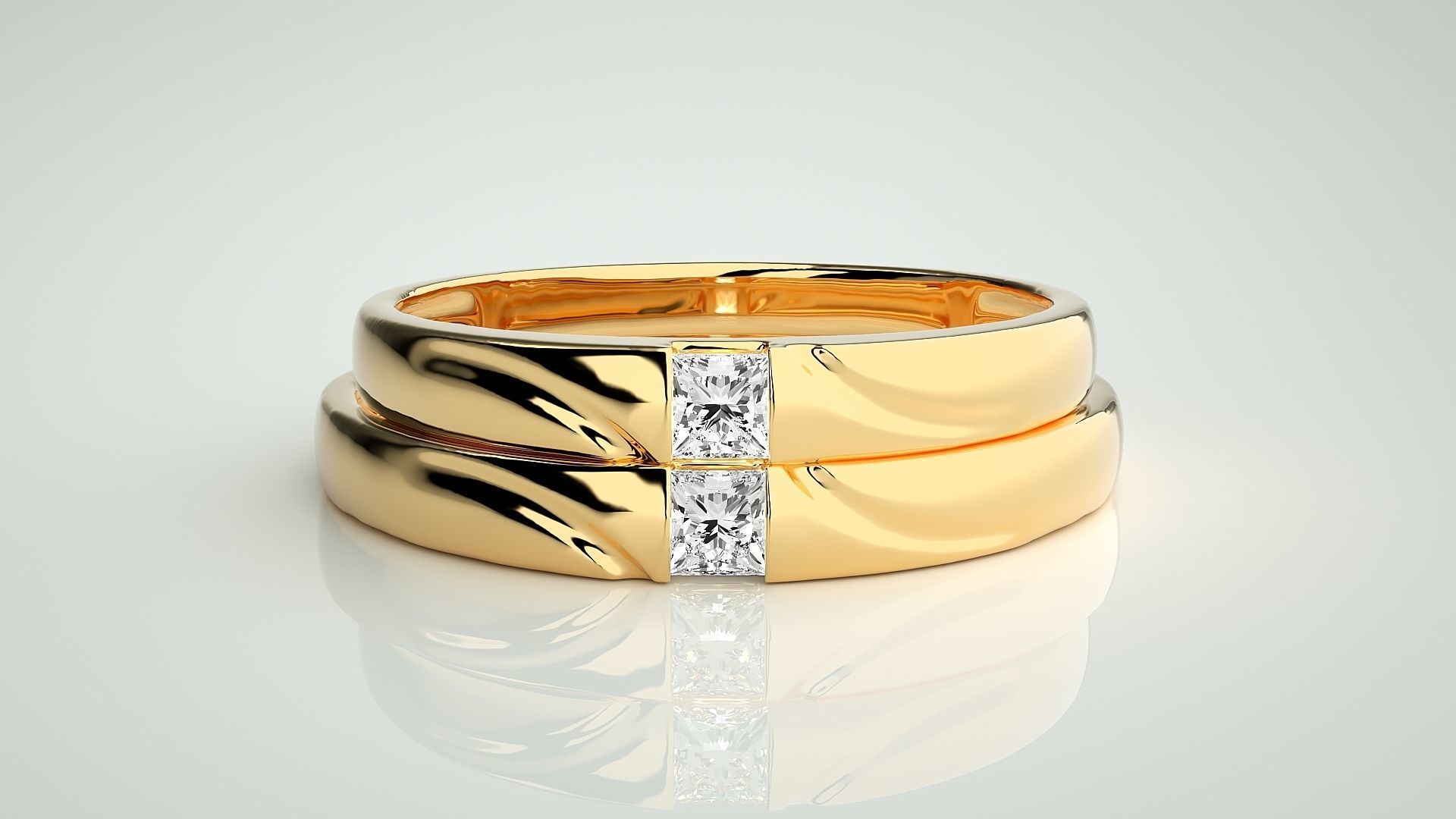 Solitaire Princess Couple Band Ring 3dm stl render detail 3D print model_11