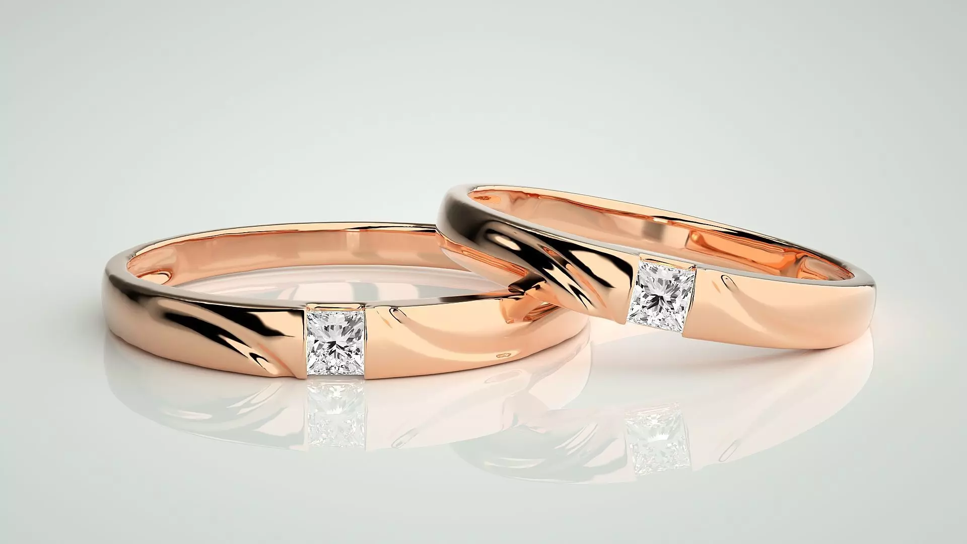 Solitaire Princess Couple Band Ring 3dm stl render detail 3D print model_0