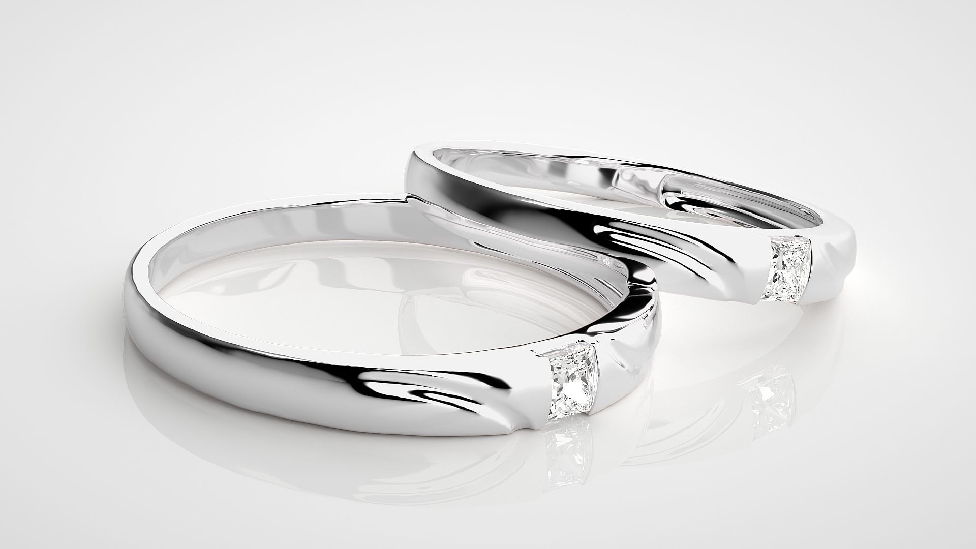 Solitaire Princess Couple Band Ring 3dm stl render detail 3D print model_6