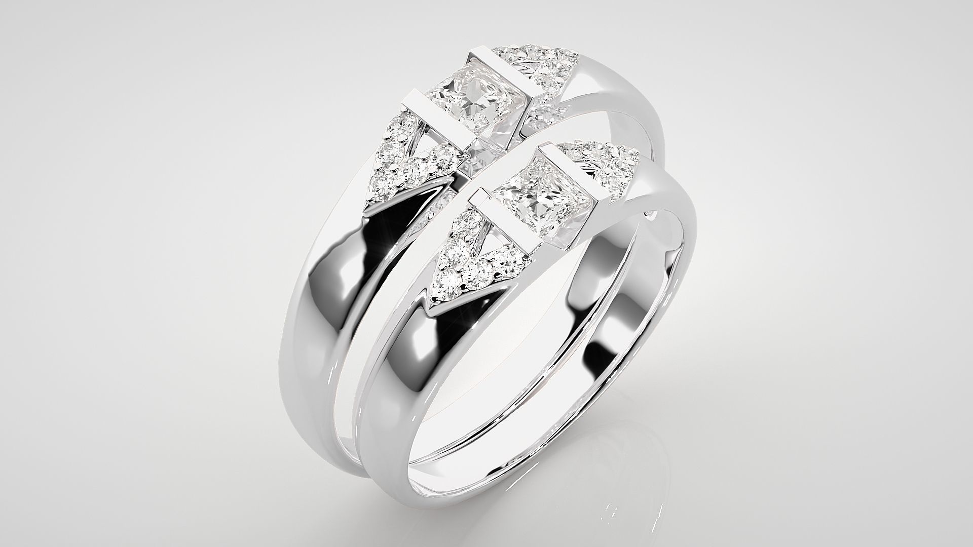 Solitaire Princess Couple Band Ring 3dm stl render detail 3D print model_8