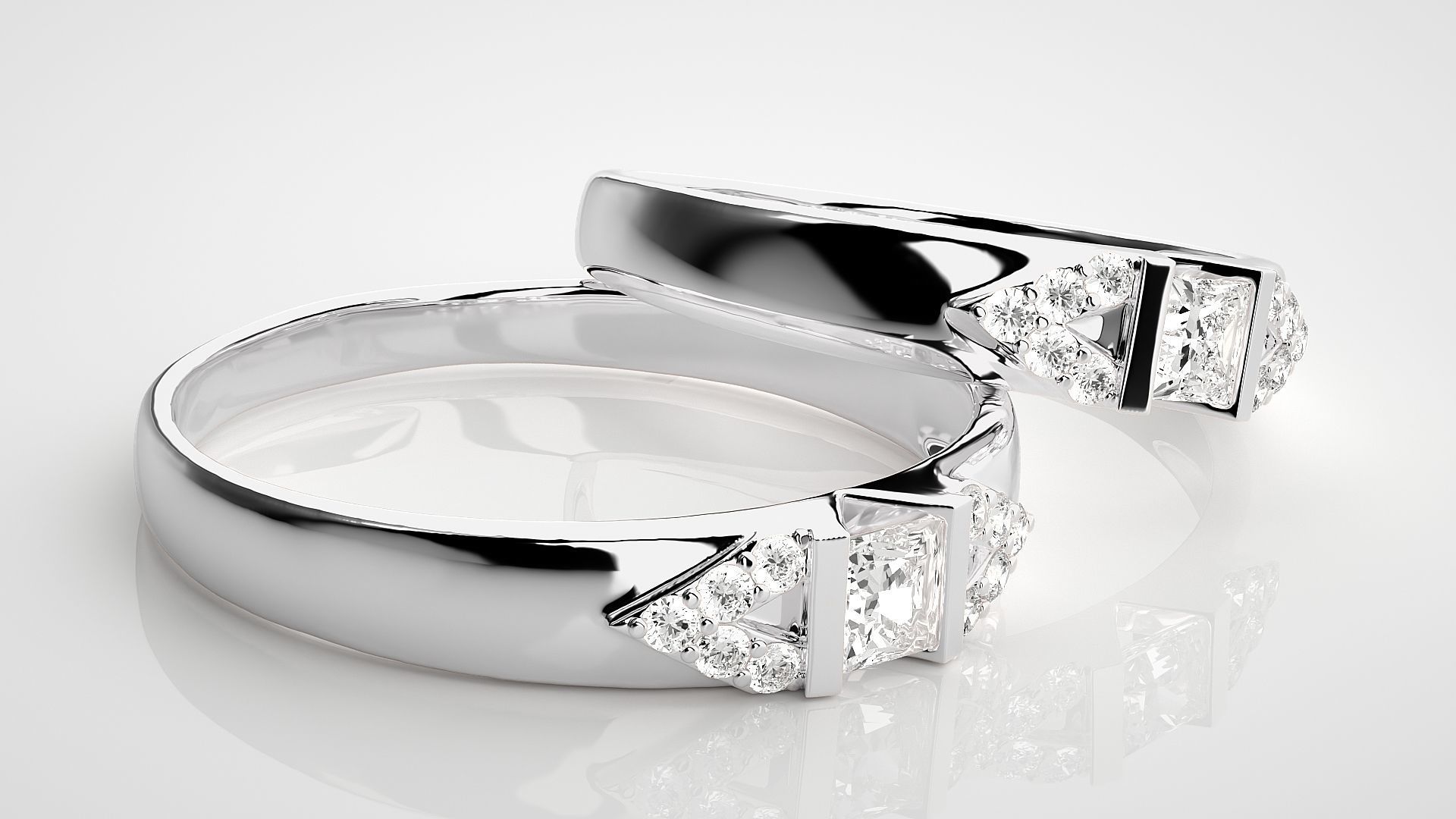 Solitaire Princess Couple Band Ring 3dm stl render detail 3D print model_6