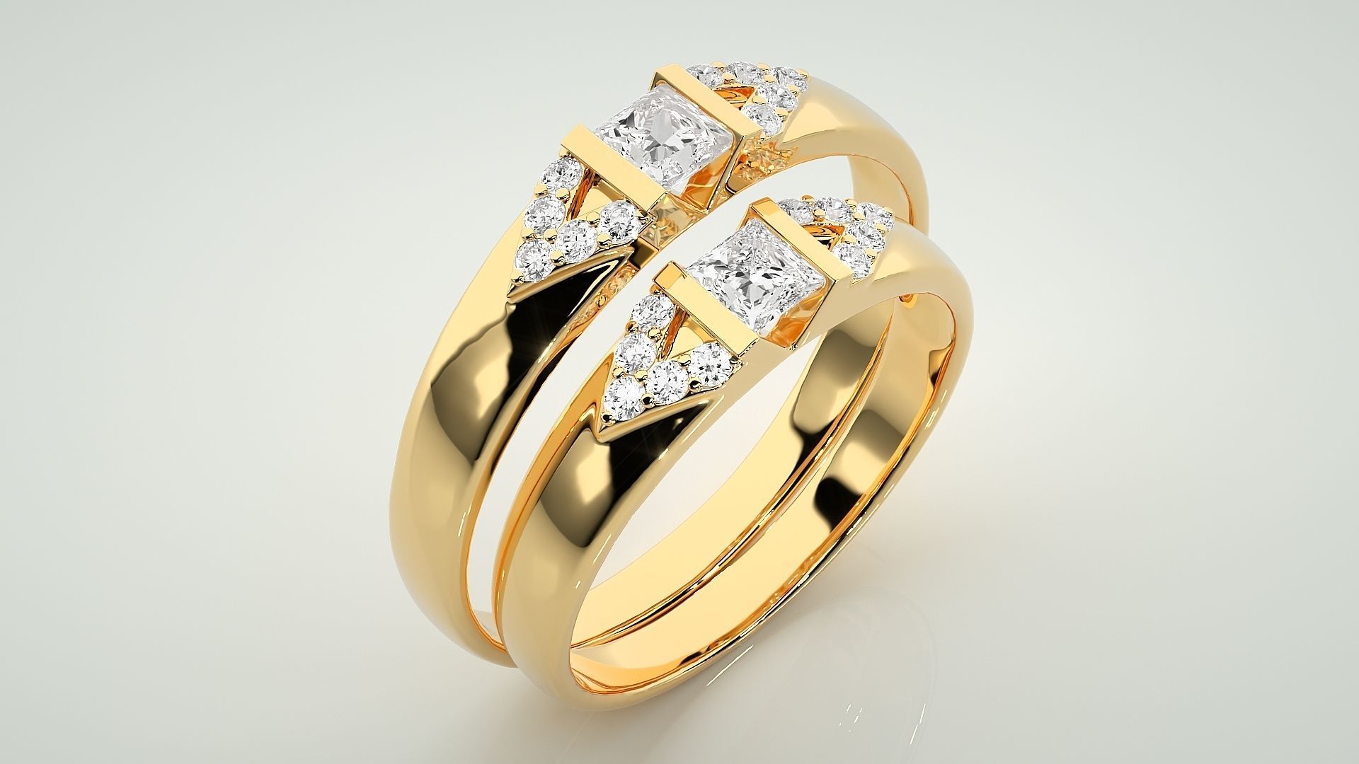 Solitaire Princess Couple Band Ring 3dm stl render detail 3D print model_12
