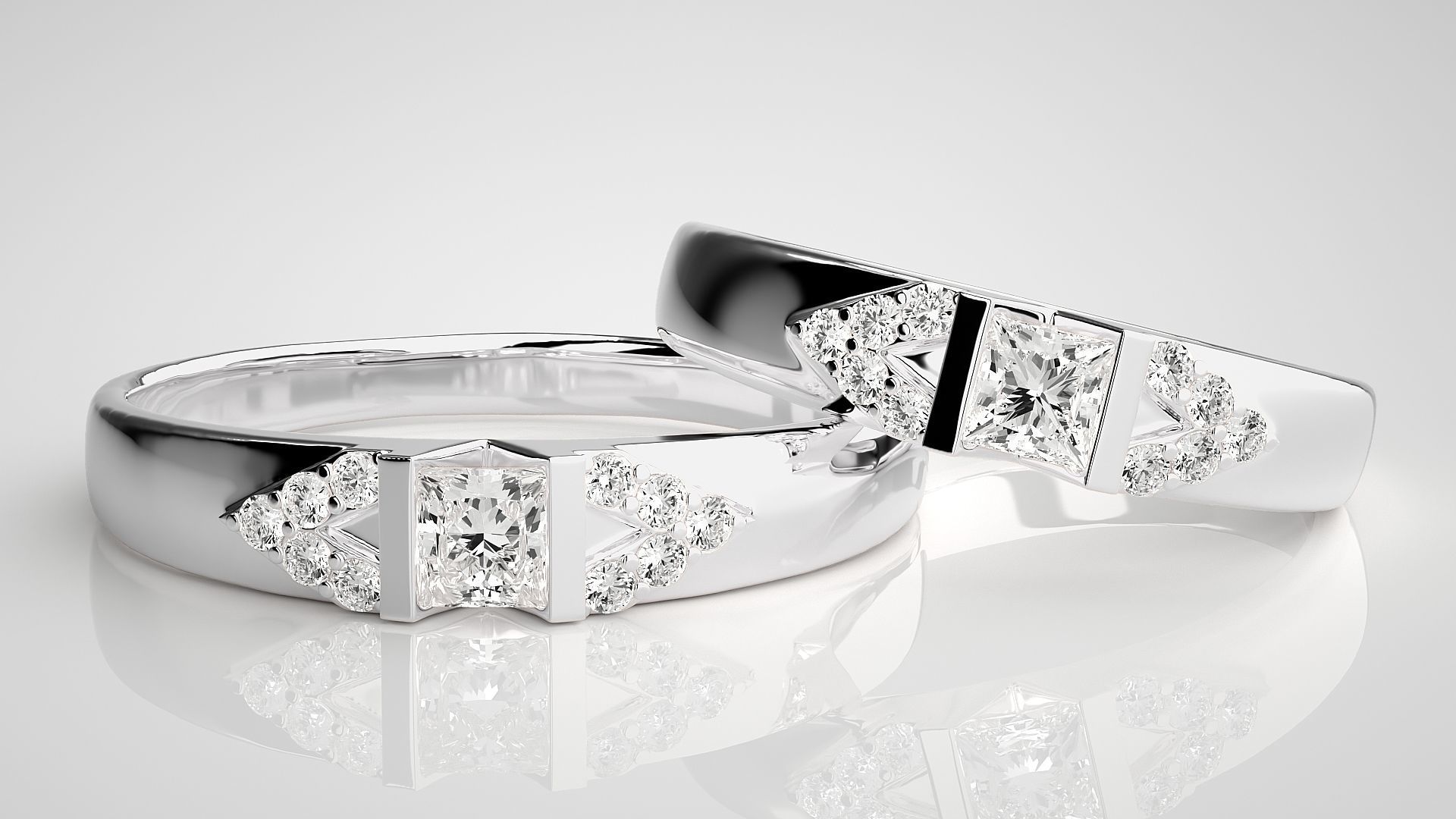 Solitaire Princess Couple Band Ring 3dm stl render detail 3D print model_5