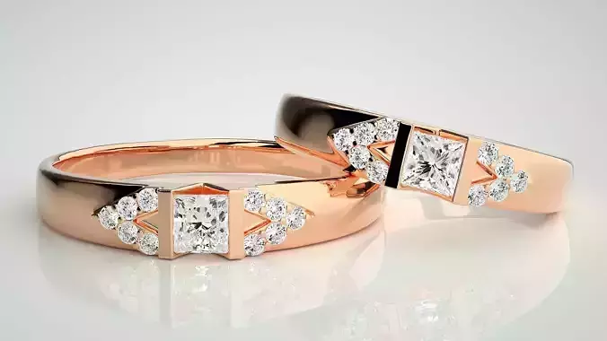 Solitaire Princess Couple Band Ring 3dm stl render detail 3D print model Solitaire Princess Couple Band Ring 3dm stl render detail 3D print model