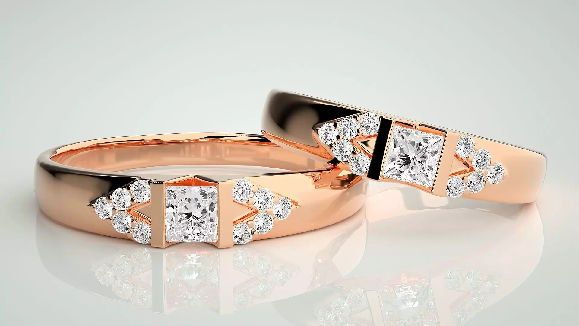 Solitaire Princess Couple Band Ring 3dm stl render detail 3D print model_0