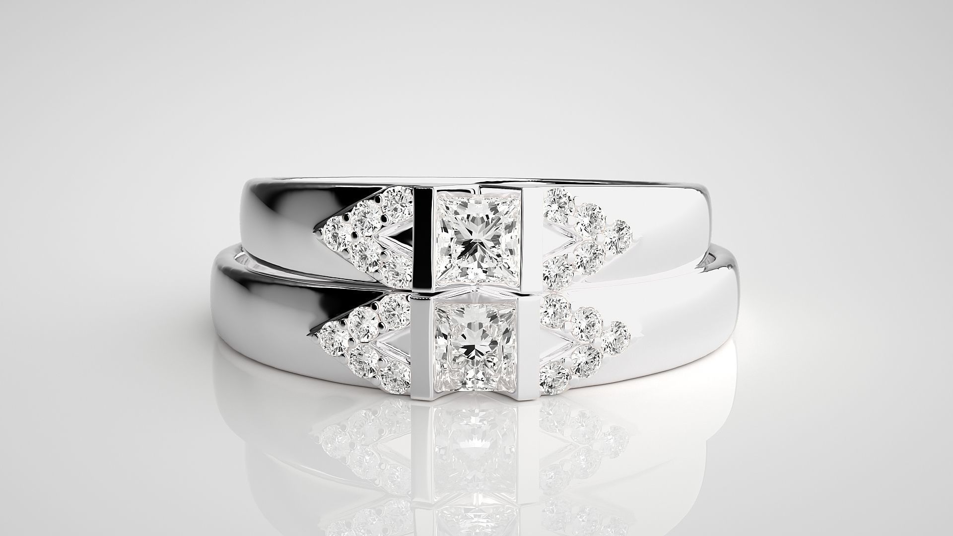 Solitaire Princess Couple Band Ring 3dm stl render detail 3D print model_7